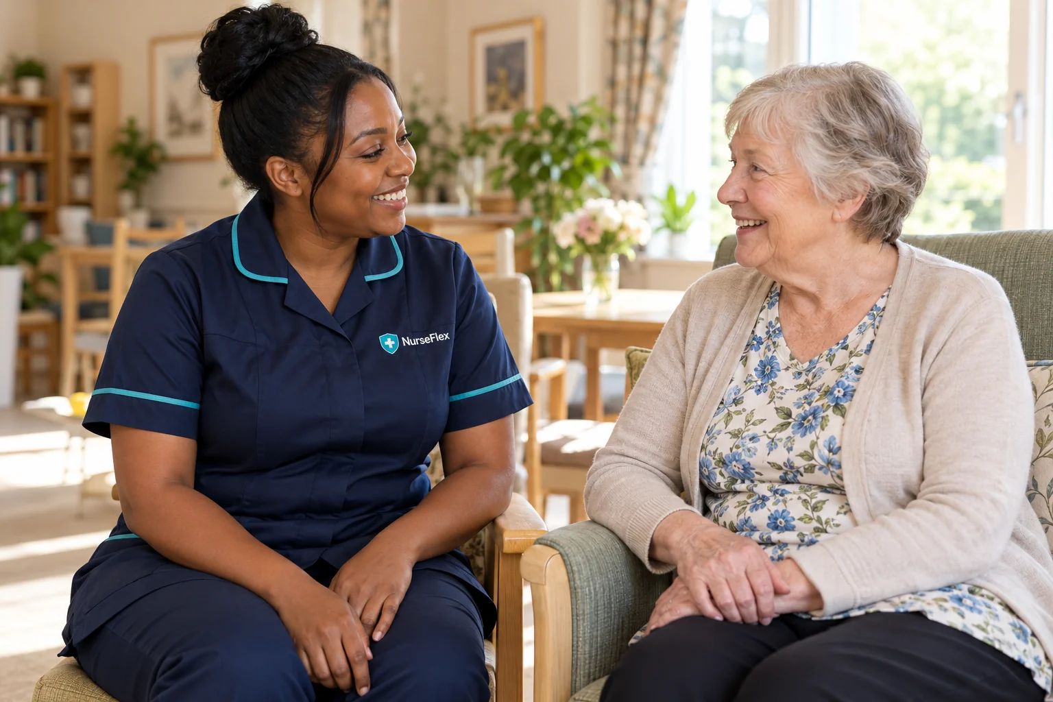 A care professional in a NurseFlex-branded tunic talking with an older woman in a care setting.