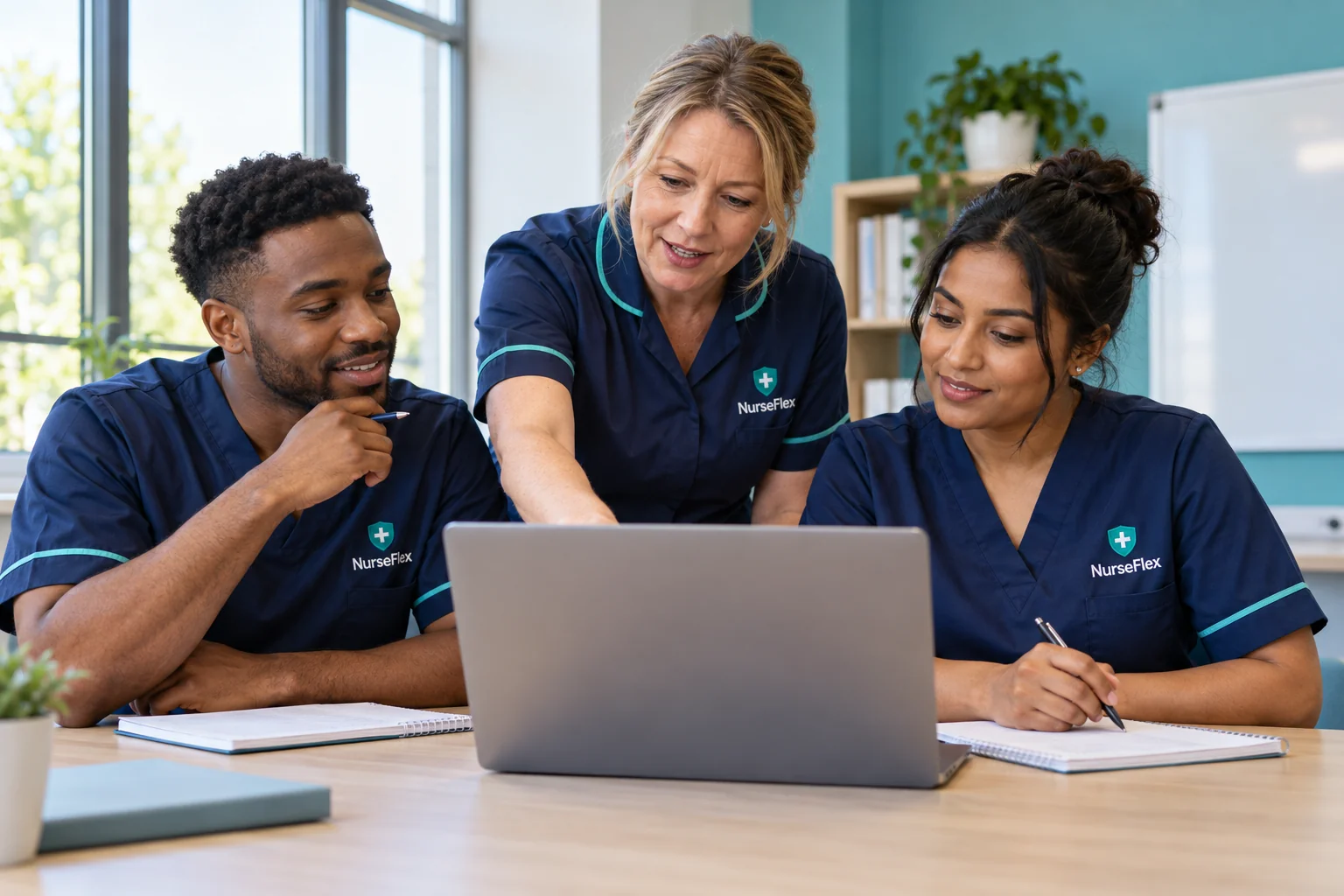 Healthcare professionals wearing NurseFlex uniforms learning together around a laptop.