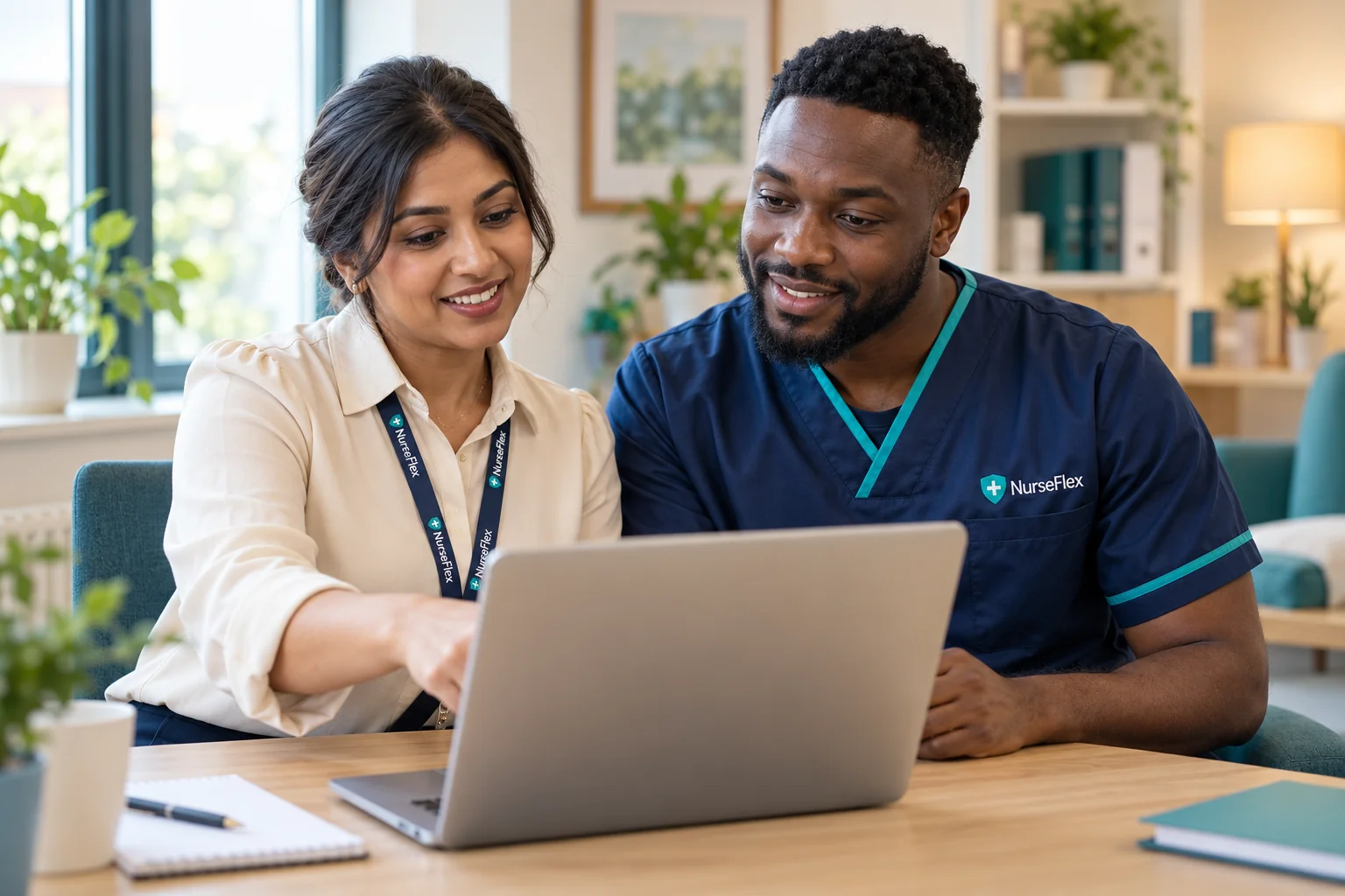 A care manager and a professional in a NurseFlex uniform reviewing work together.