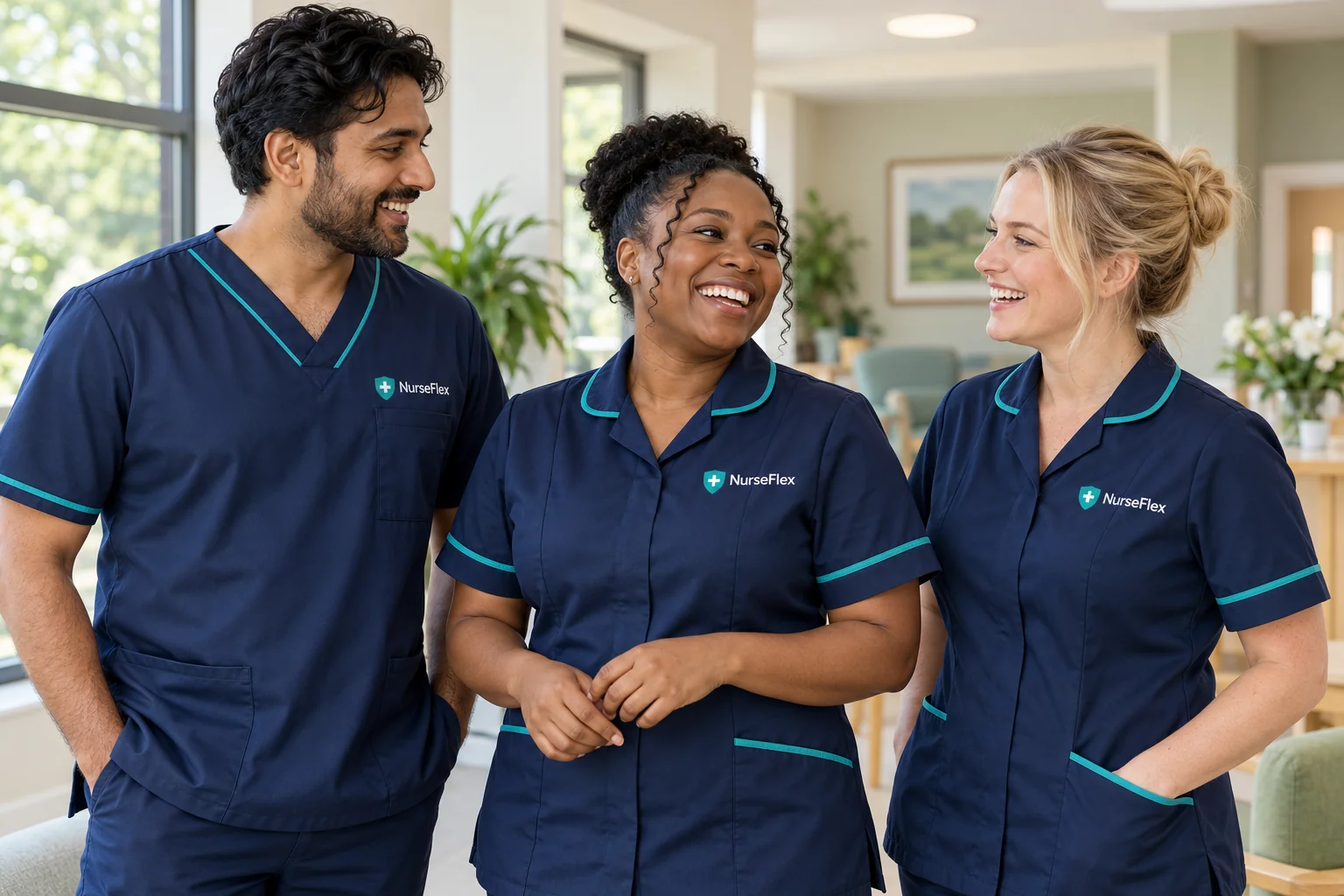 Healthcare professionals in navy NurseFlex tunics and scrubs with embroidered logos.